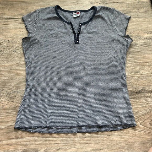 TOMMY Hilfiger “Tommy Jeans” Vintage Y2K Striped Hook and Eye Baby Tee Sz XL - Picture 1 of 11